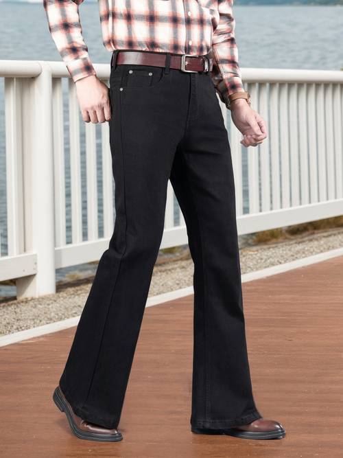 mens flared bell jeans stretch denim pants in soft cotton blend for regular fit beltless machine washable vintage style for business casual or disco suitable for wear autumn winter