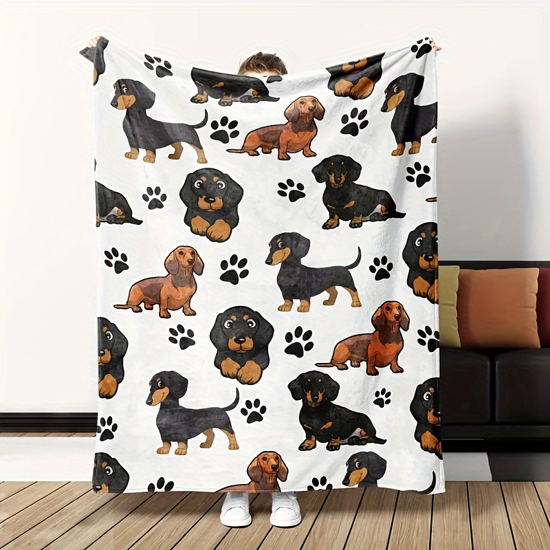 

1pc Cute Dachshund Dog Soft Comfortable Knitted Polyester Throw Blanket For All Seasons - Contemporary Animal Pattern With Paw Prints - Perfect For Sofa, Couch, And Camping