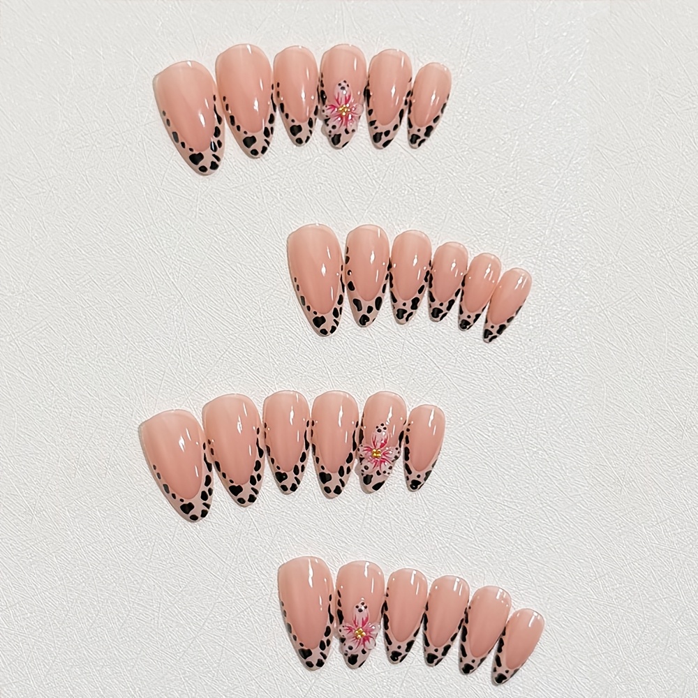 Image of Change , 24pcs French Leopard Print 3d Floral Almond Press-on Nails, With Gel Glue And Nail File, Enhancing Your Temperament, Perfect For Holidays, Daily Wear, Suitable For School, Office, Parties
