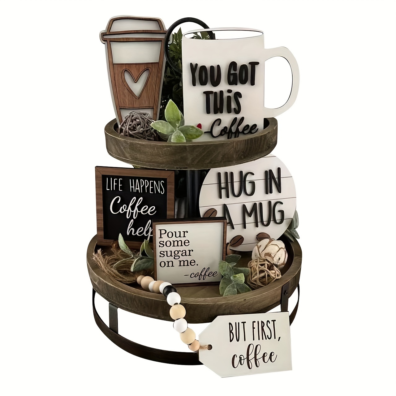 A 6pcs Coffee-themed Layered Tray Decoration Set, Featuring A Wooden Sign For A Coffee Bar And A Wooden Bead Floral Wreath For Rustic Dining Table Decor. (non-food Contact)