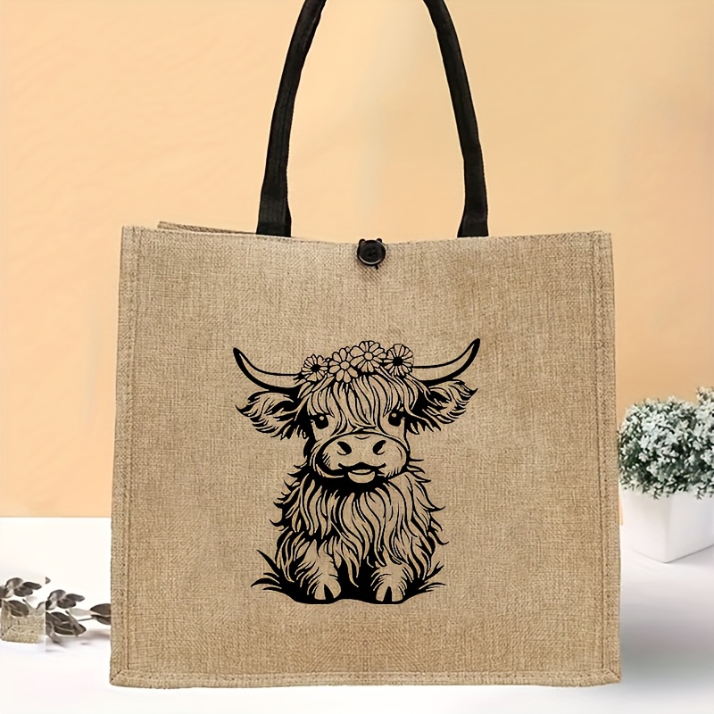 TEMU 1pc Stylish Khaki Cow Print Handbag With Inner Pocket - Durable Fabric, Fixed Shoulder Strap, Button Closure - Perfect For Shopping & Travel - Animal Theme,, Polyester Lining