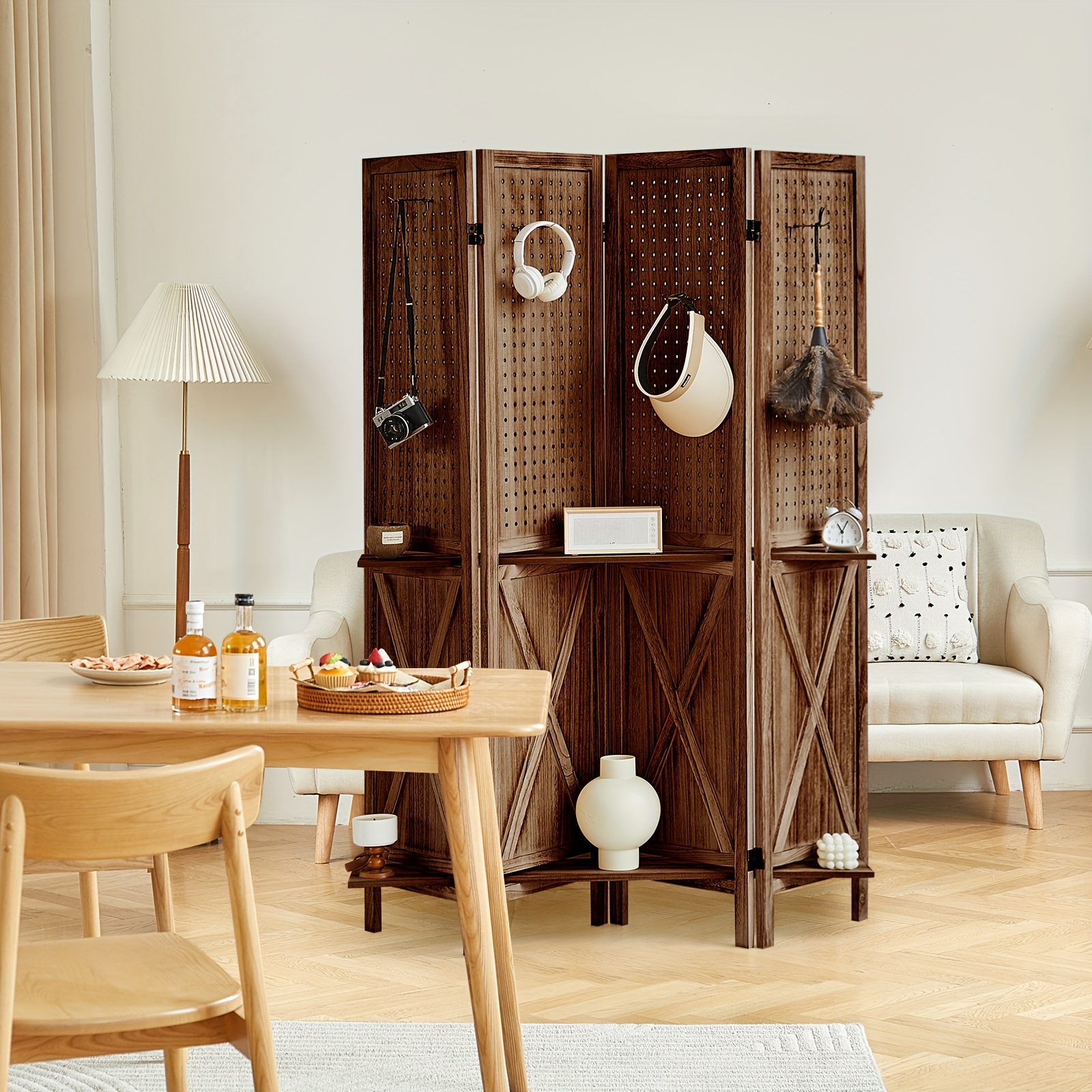 4 Panel Room Divider With Shelves - 5.6ft Folding Privacy Screen With Storage For Home & Office