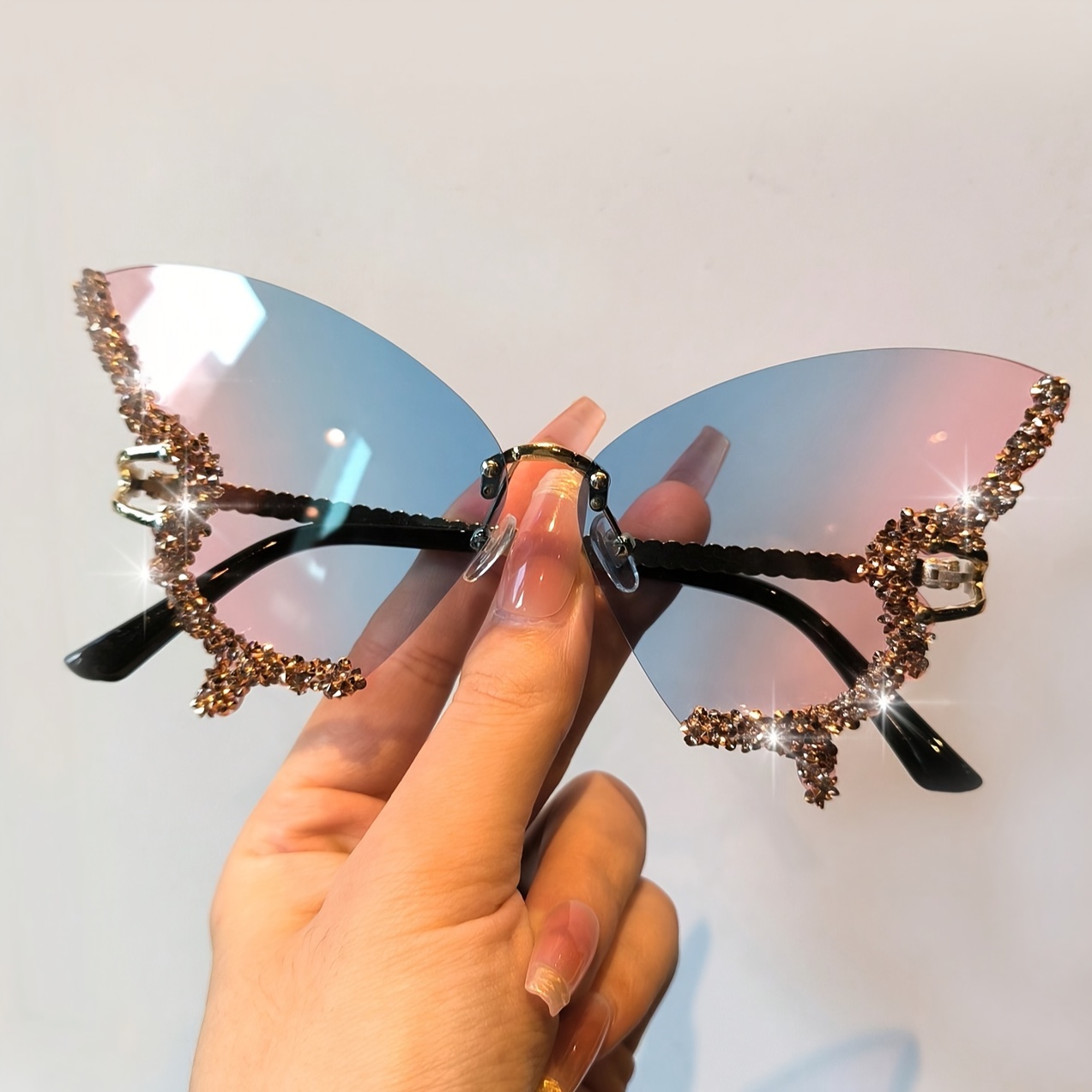 

Rhinestone Butterfly Shaped Glasses Party Fashion Glasses Rimless Bling Glasses Trend Gradient Eyewear