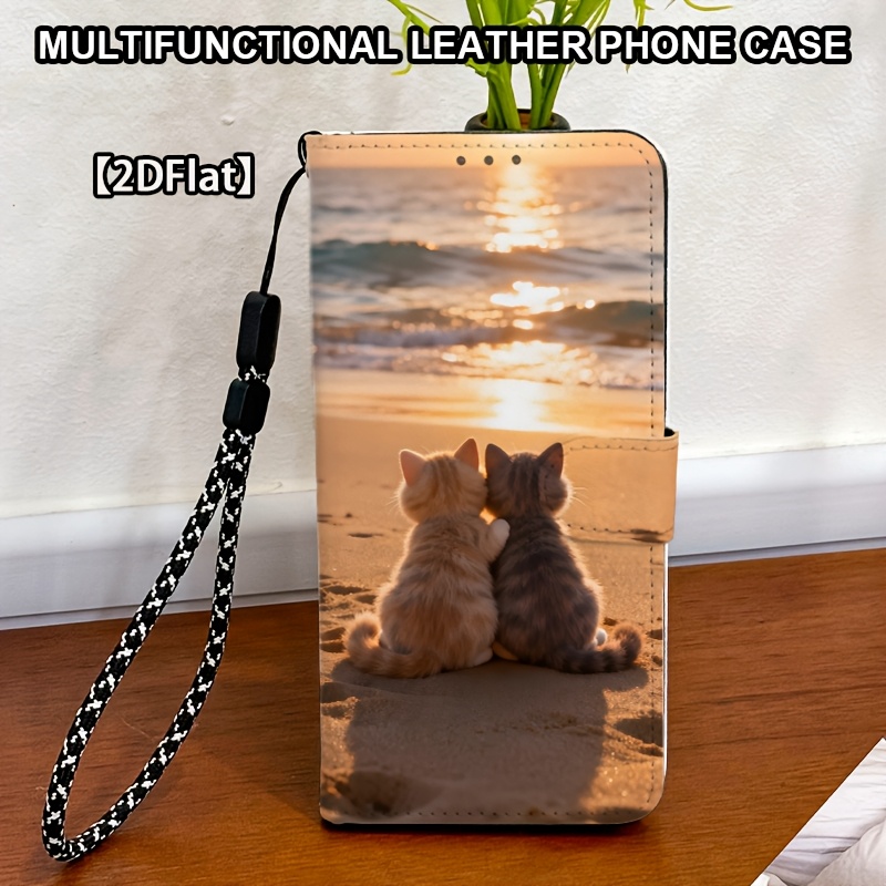 TEMU Coque de téléphone - Motif couple chat de plage, fermeture magnétique, , couverture complète, anti-chute, étui portefeuille de protection,