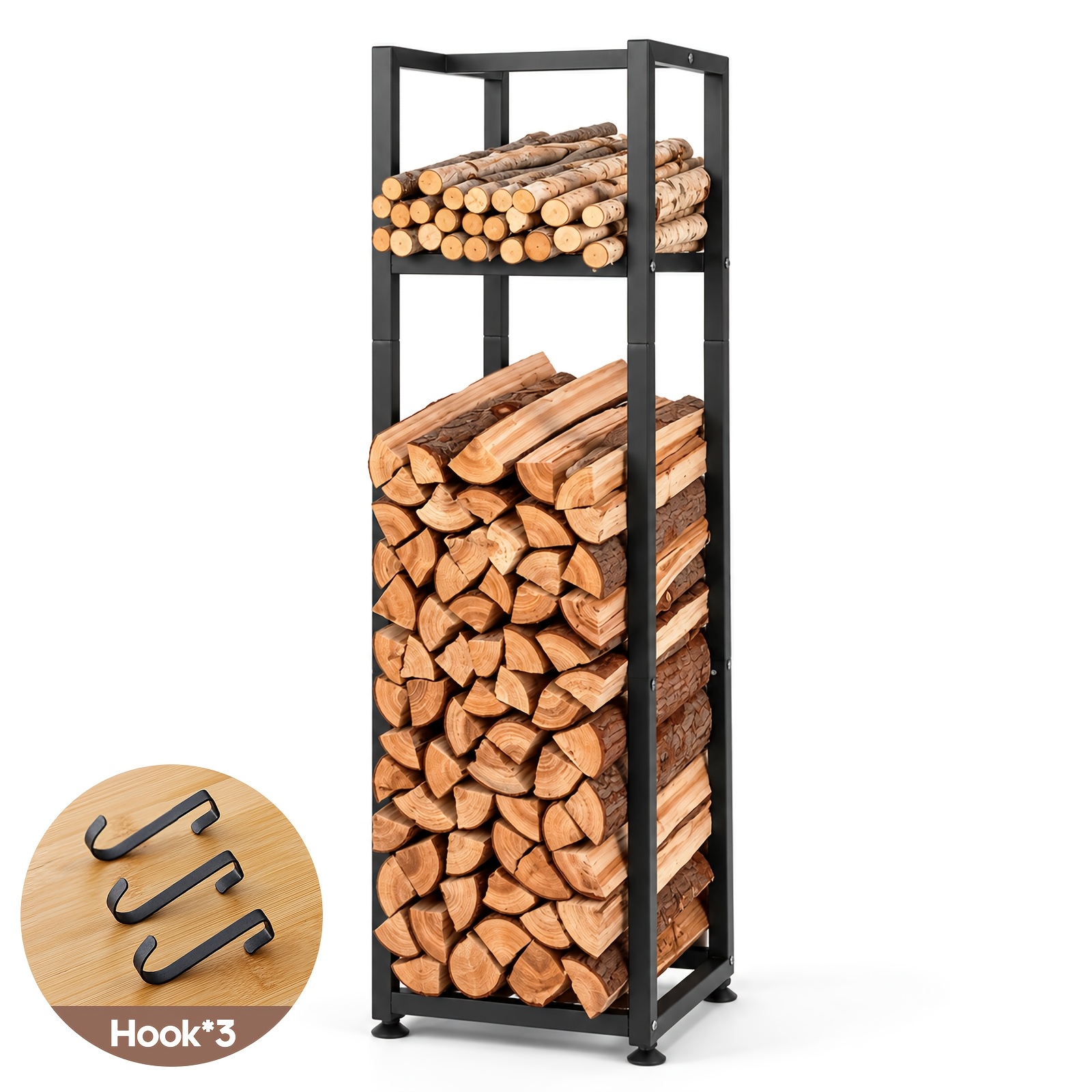Image of Firewood Rack, Log Rack, Vertical Narrow Design , Double-layer Closed Frame With Large Storage Capacity, With Free Hooks For Easy Assembly, Indoor Firewood Rack, Storage Indoor Fireplace