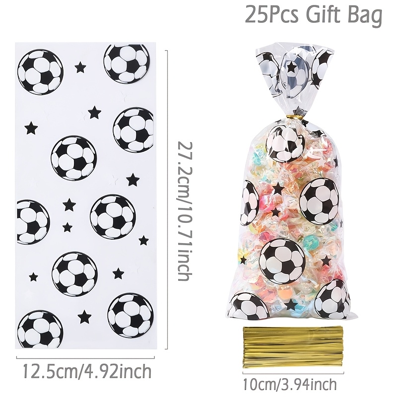 E-shop 25 Stück, Verpackungsbeutel mit Fußballmuster, transparente Glasine-Umhüllung mit Sport-Thema, Happy Birthday-Party-Dekoration,
