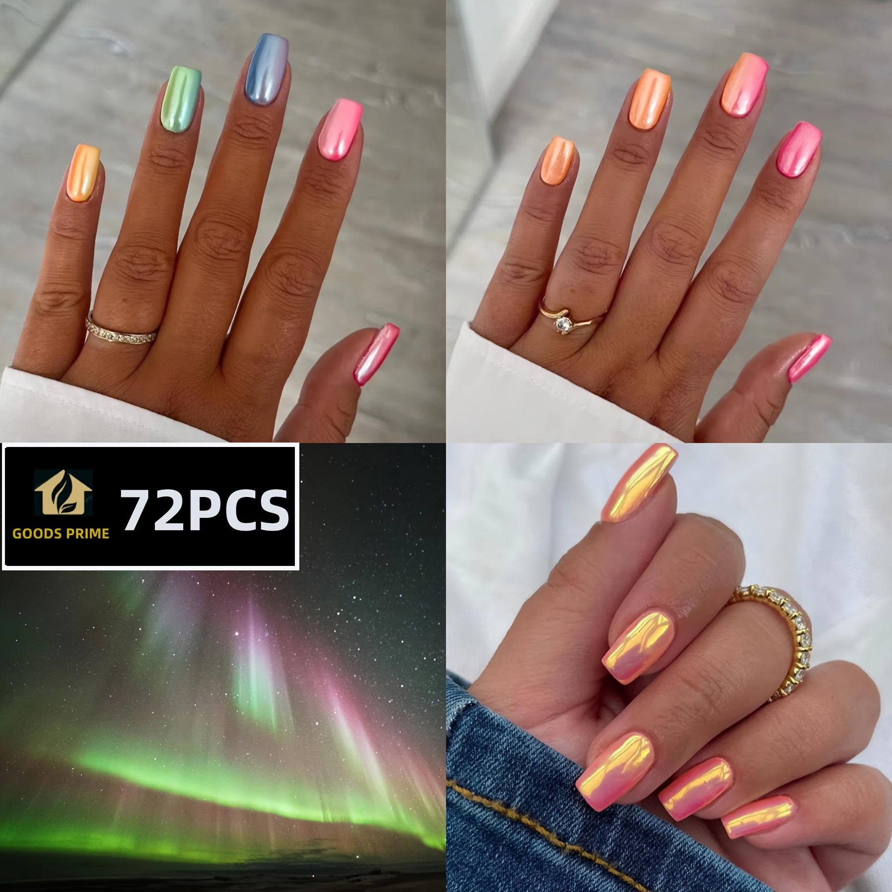 E-shop 72 Stück Neue Einfache Uni-Farben Verlauf Aurora Mittellange Quadratische Abnehmbare Nageldesign-Teile, Geeignet für Frauen zum Tragen im , bei