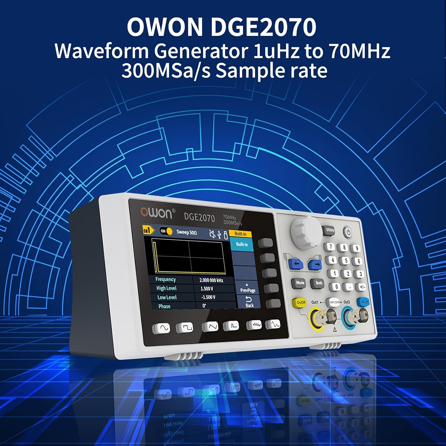 Owon Dge2070 70mhz Dual Channel Arbitrary Waveform Generator, 300msa/s Sampling Rate, 14-bit Resolution, 150 Built-in , 3.6" Lcd, Portable Signal Generator & Electronics Testing