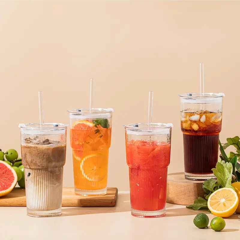 glasses with lid and straw 4 2pcs stylish ribbed design drinking cups for iced coffee cups juices smoothies cold drinks cleaning brushes included durable glassware Product details 1