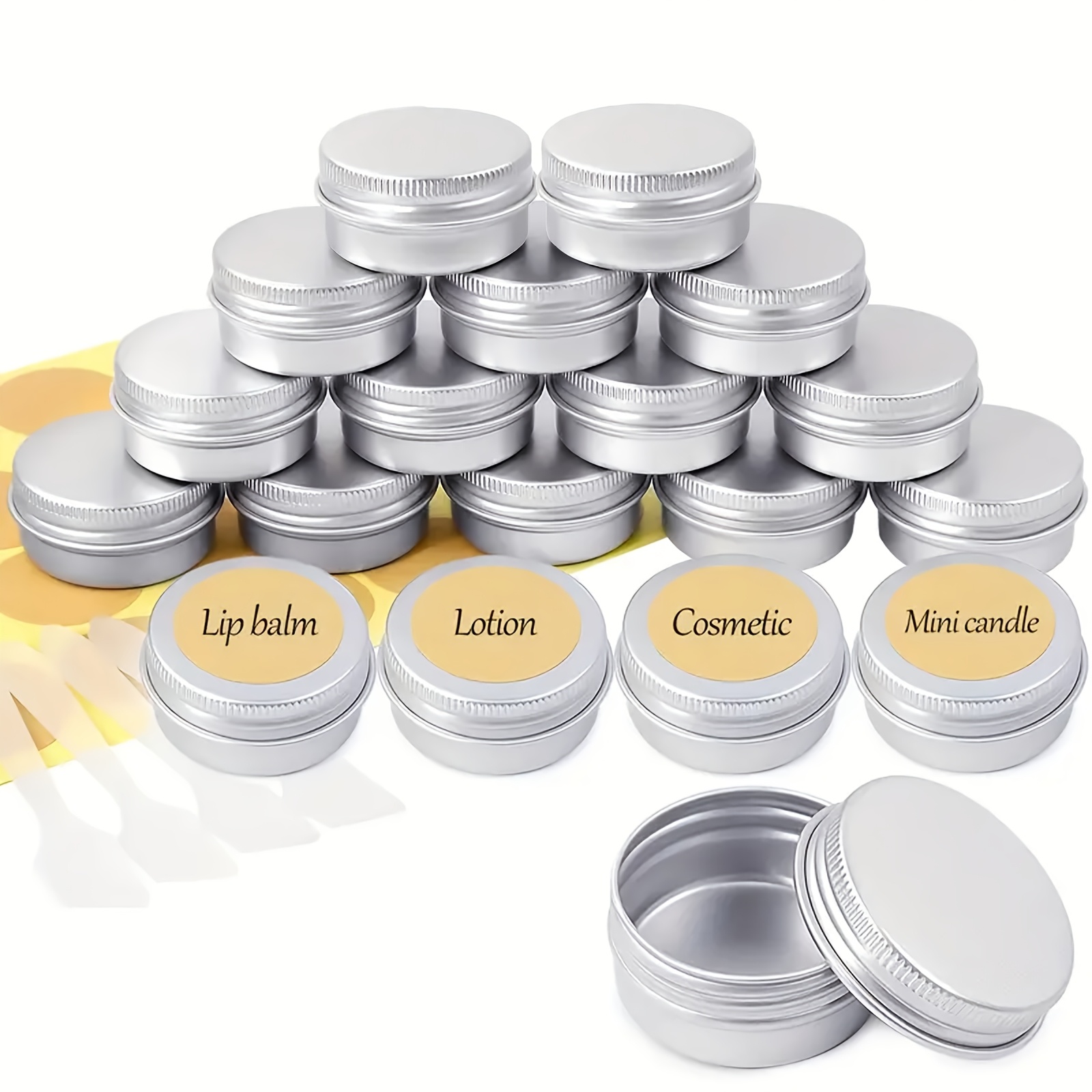 Image of 24pcs/set Aluminium Lip Balm Containers Set, With 18pcs 20ml/0.7oz Empty Lip Balm Tin, 4 Mini Spatula, 2pcs Round Stickers, Pots For Cream For Lip Balm/lotion/mini Candles/cosmetics
