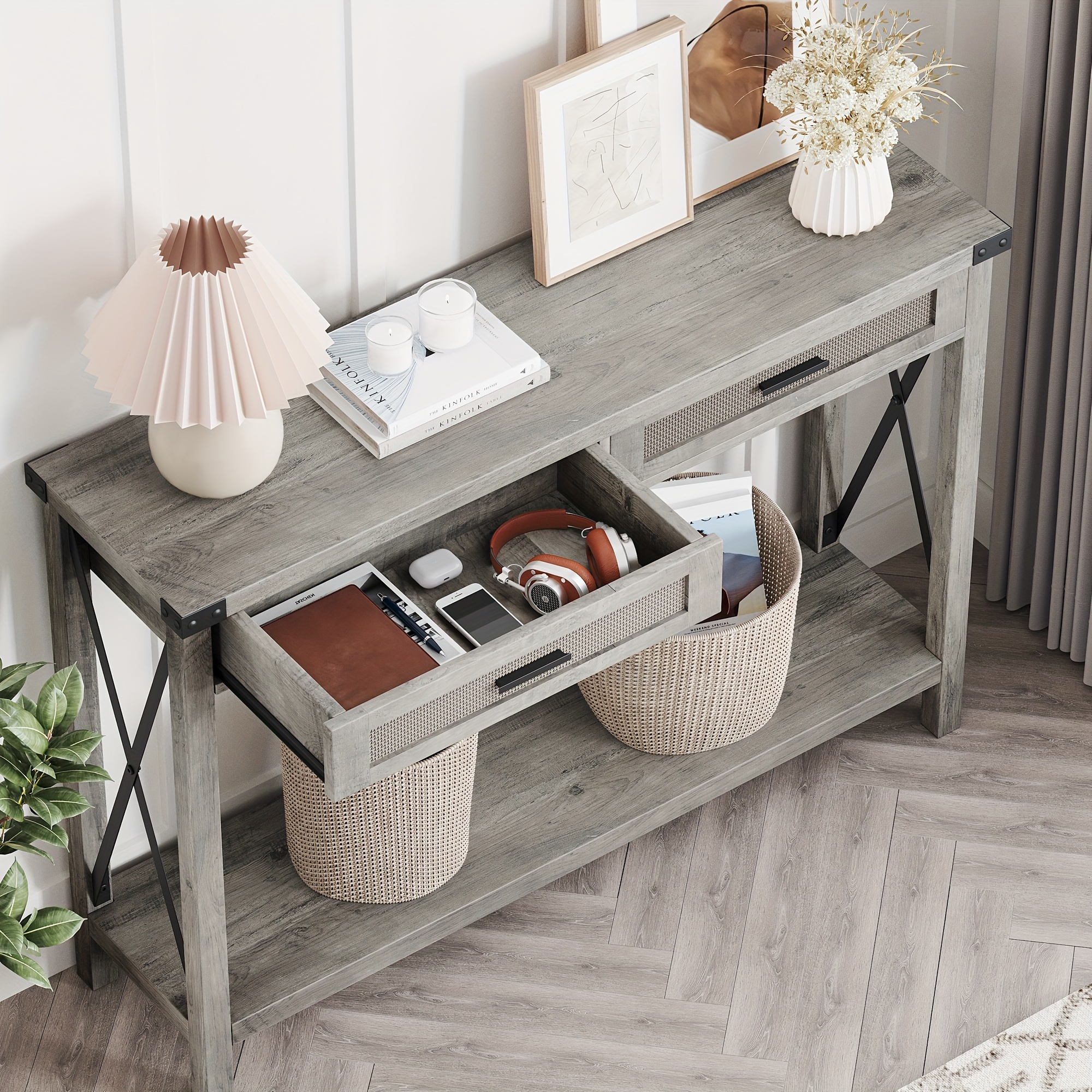 farmhouse entryway table grey console table rattan drawers Temu