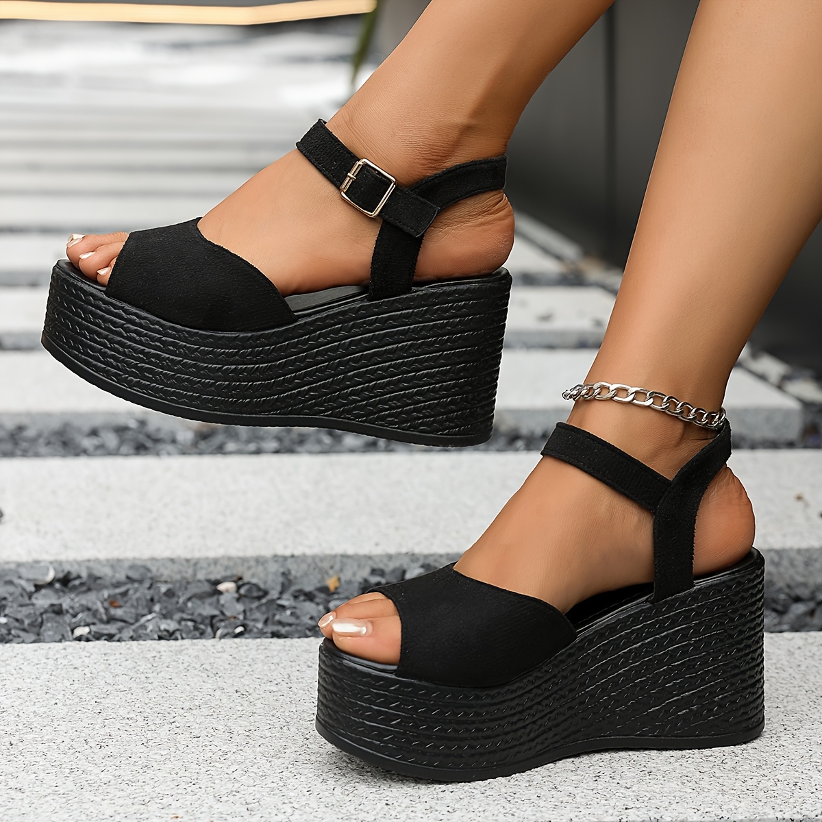 sandalias plataforma negras elegantes mujer tacón Temu Peru