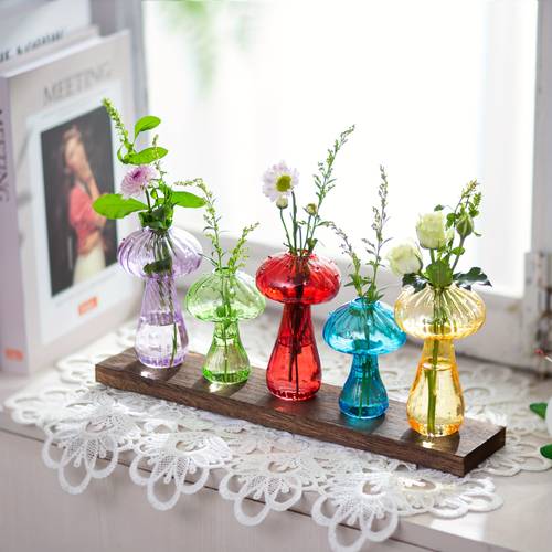 mushroom bud flower vase cute glass terrarium jar with wooden stand unqiue planters for indoor plants hydroponic glass plant propagation station for home office decor for women