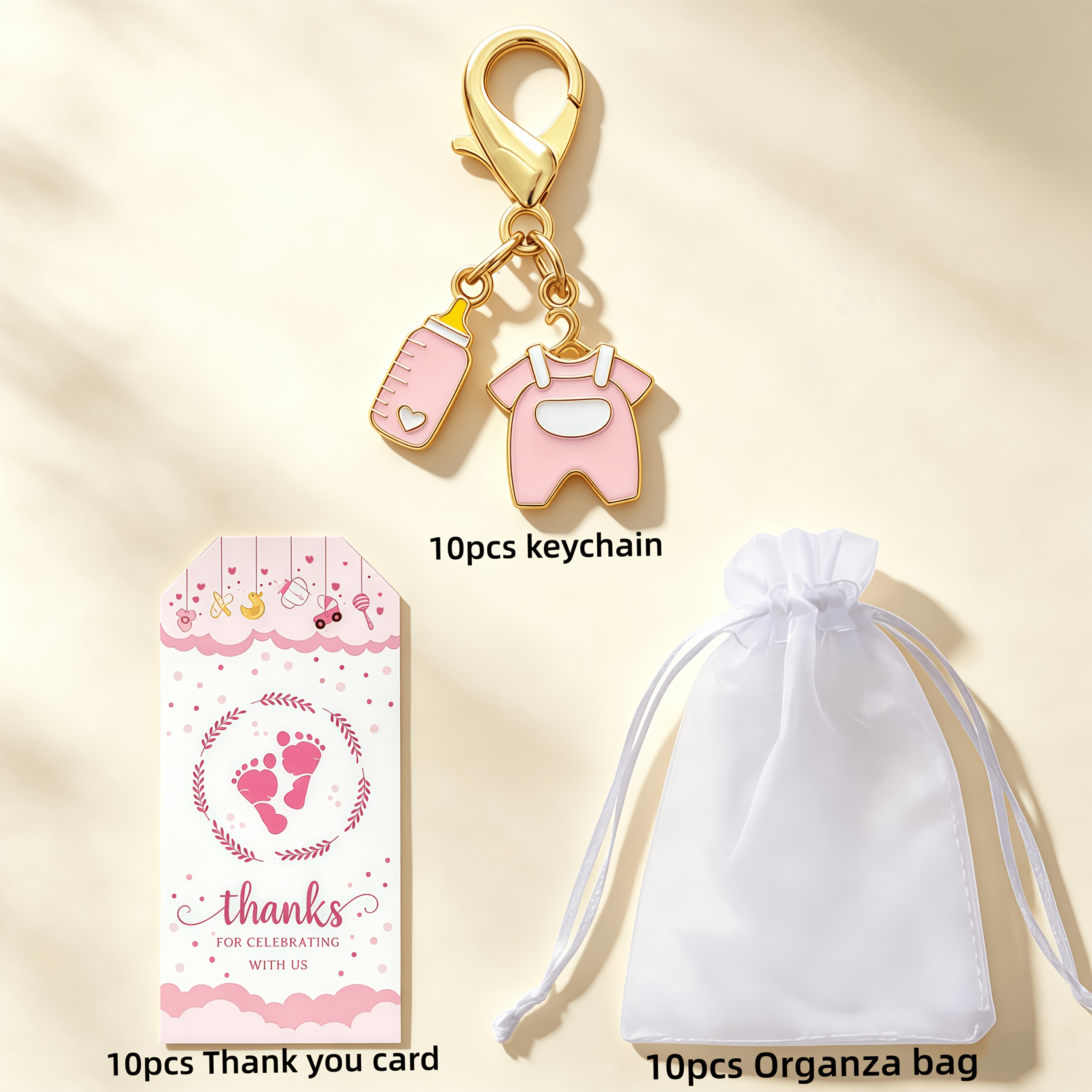 TEMU 30pcs/10sets Cute Blue And Pink Footprint Keychain Gift Set, (10pcs Keychains And 10pcs Cards And 10pcs Organza Bags) - Perfect For Birthday