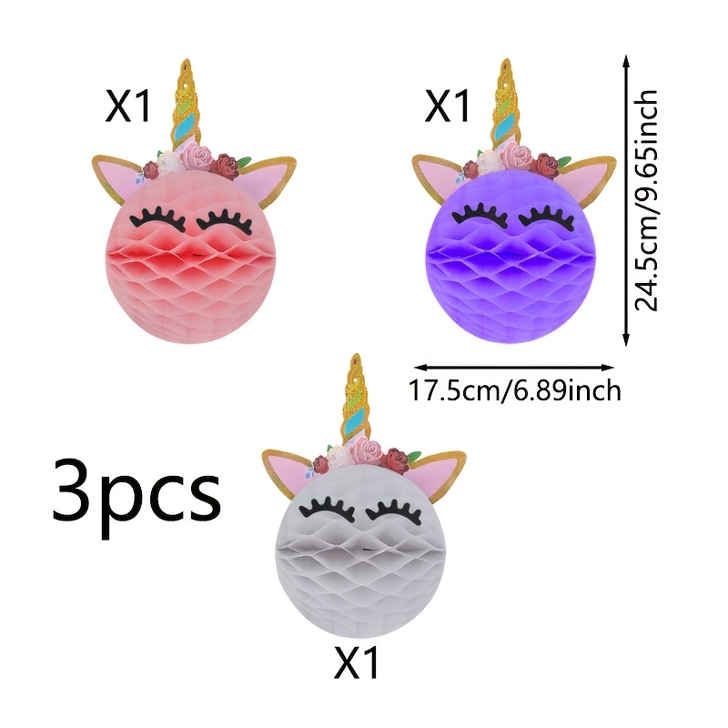 Image of 3pcs Unicorn Honeycomb Hanging Ornaments, Suitable For Birthday Party Decorations, Room Gathering Event Party Decor, Outdoor Party Setup, Holiday Decoration Props