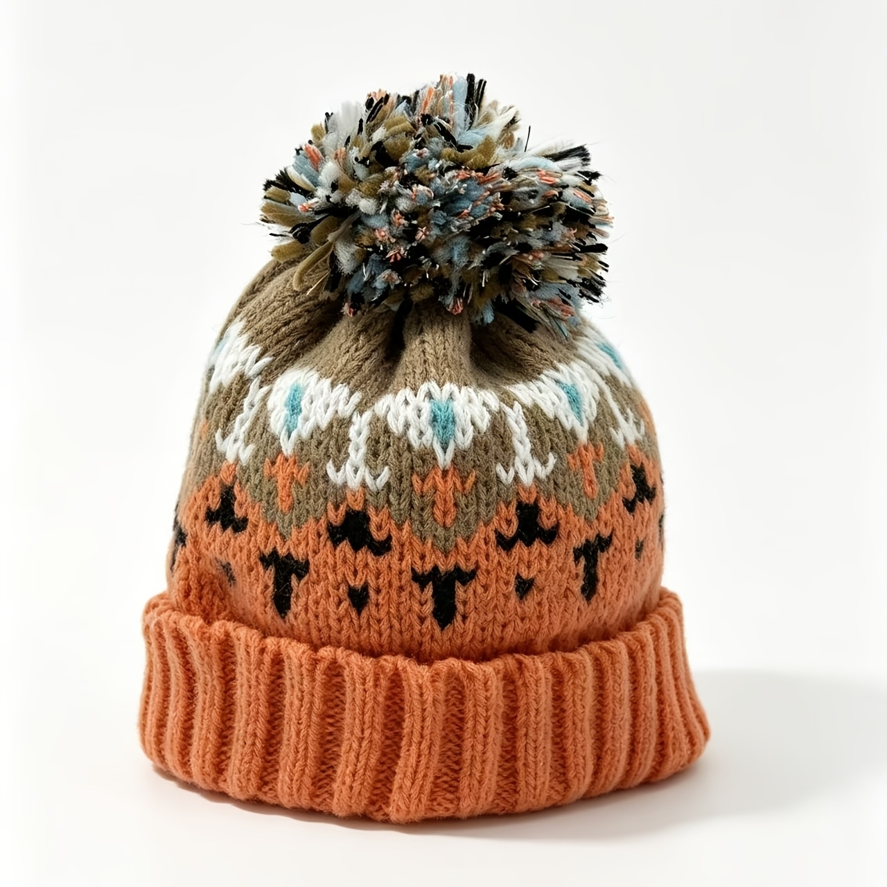 TEMU Men's Winter Beanie With Pom Pom - Thick Warm Windproof Ear-cover Ski Hat, Multicolor Jacquard Pattern, Cold Weather For Square And Round Faces,