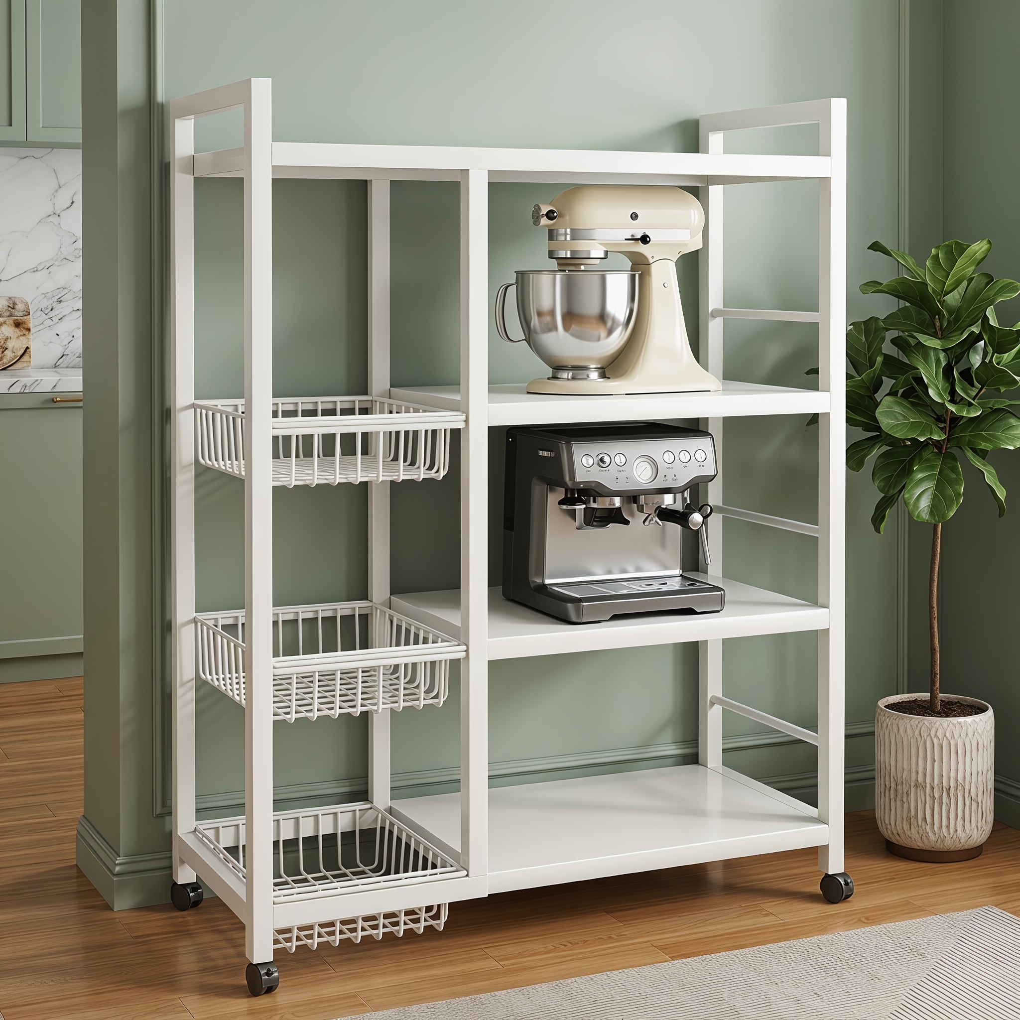 4-tier Adjustable Golden Metal Storage Rack With Wheels And 3 Baskets - Mobile Organizer Shelf For Kitchen, Pantry, Bathroom, Closet - Space- , Housewarming Gift And Home Storage (black)