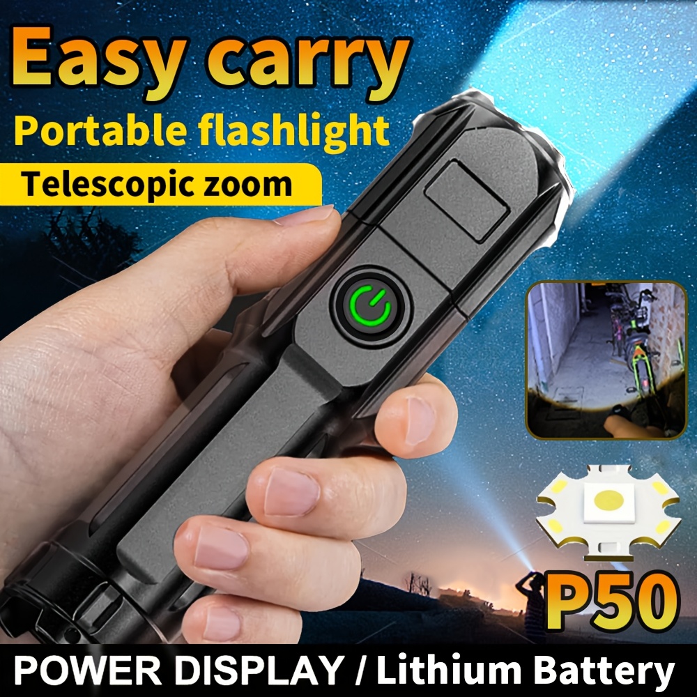 

Rechargeable Led Flashlight, P50 Portable Telescopic , 800mah Lithium Battery, Usb Cable Included, Non-waterproof, Standard , Battery Powered Handheld Light For Outdoor, Camping, Car Repair