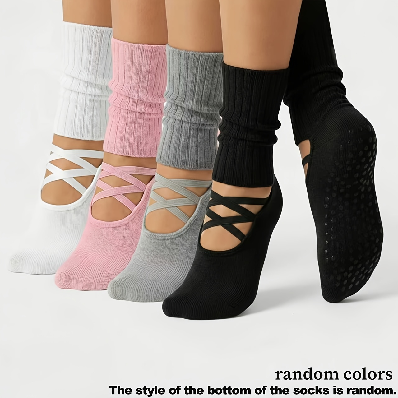 TEMU 4 Paires de Chaussettes Pilates Antidérapantes pour Femmes, Chaussettes de Yoga à Grip pour Barre, Couleurs Aléatoires