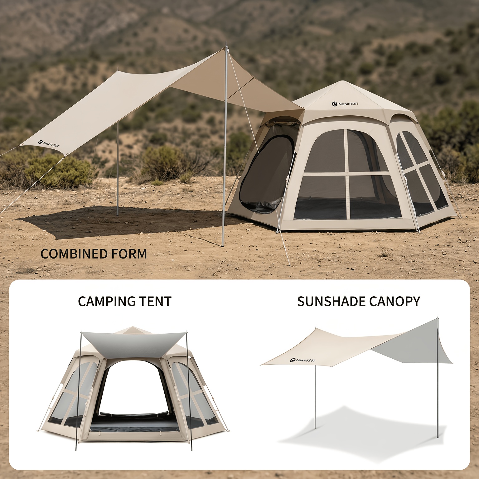 Image of Hwyd-001 2-in-1 Hexagon Blackout Tent With Attached Canopy Oversized Shelter | Extra-large 280x240x155cm Cross-window With Thickened Silvery-coated Uv Protection & Awning In