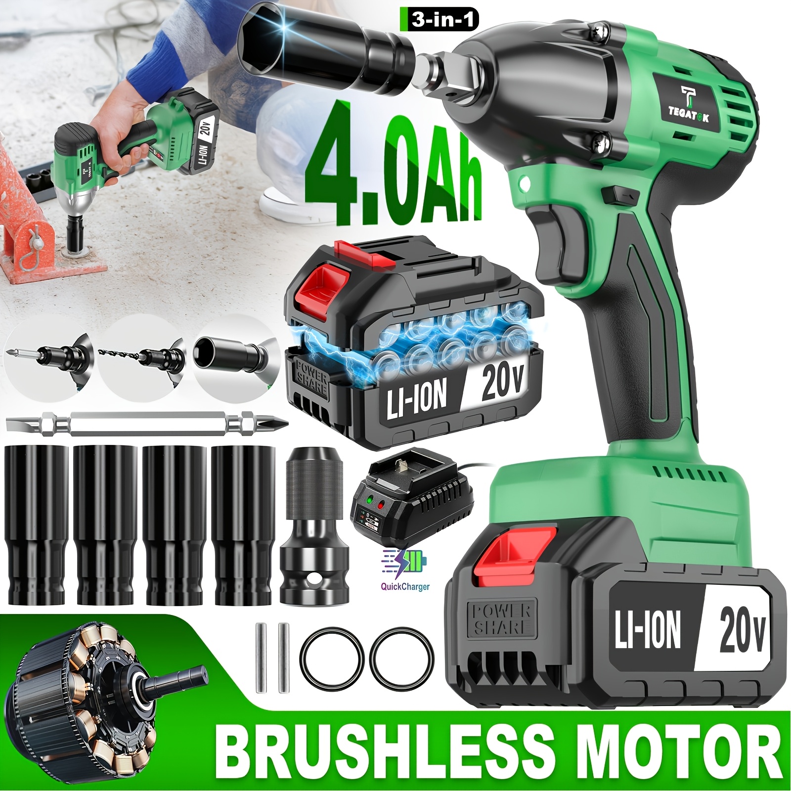 TEMU 20v Brushless Cordless Electric Tool Set, With Cordless Drill/angle Grinder, Electric Hammer, Wrench | 3, 2 Or 1 Battery | 20v 2.0/4.0ah Battery