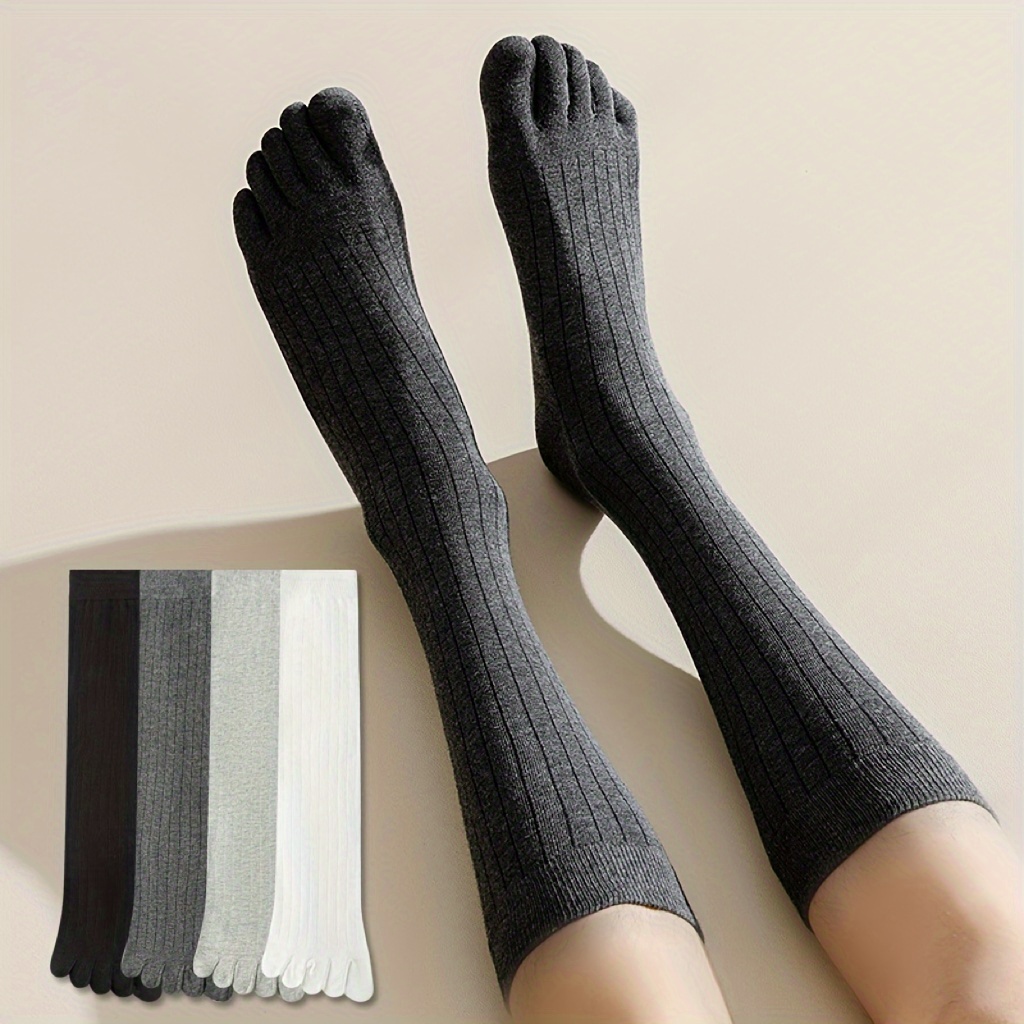 

2/4 Pairs Solid 5 Fingers Socks, Simple & Breathable Slim Fit Knee High Socks, Women's Stockings & Hosiery