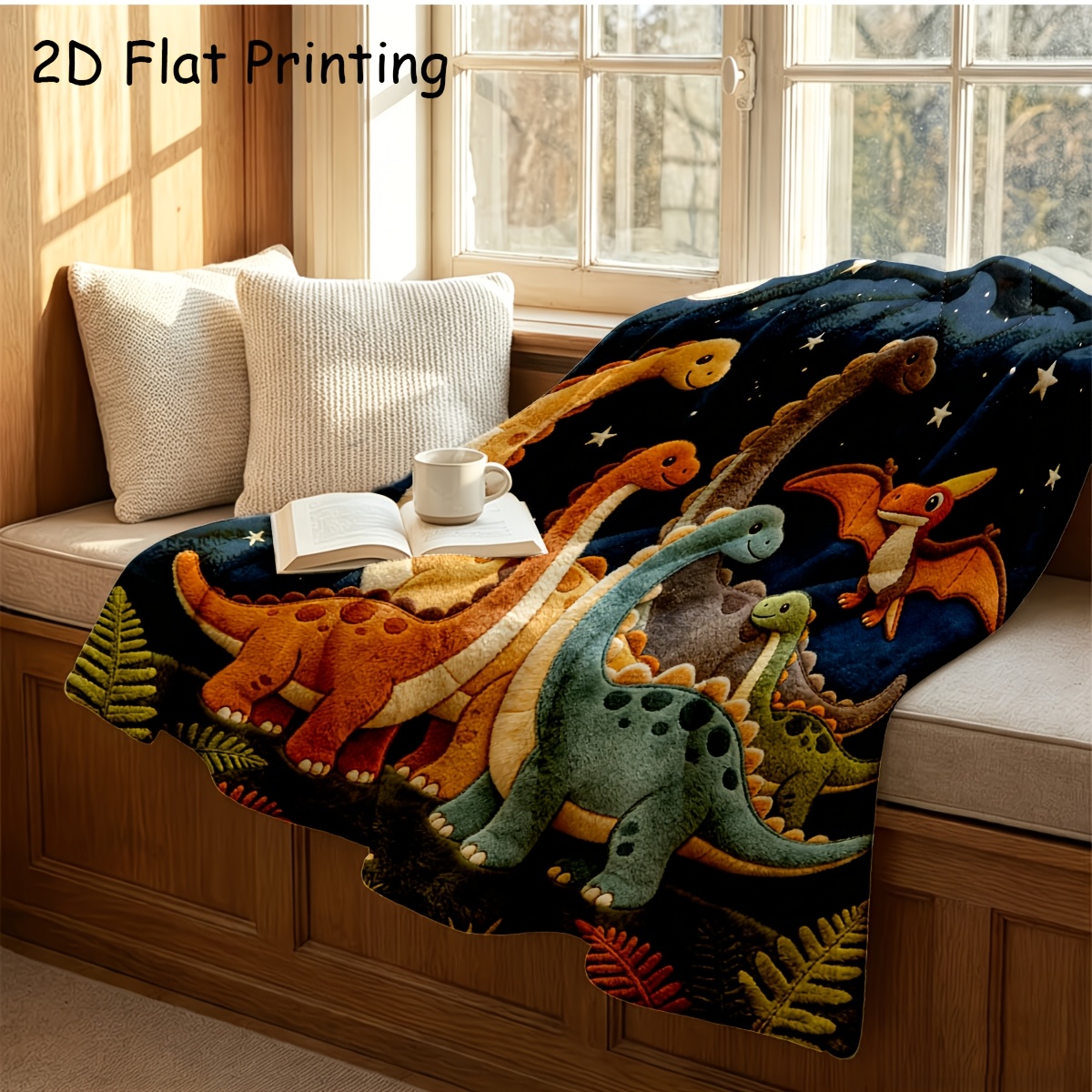 TEMU 1pc Navy Night Sky Plush Dinosaur Blanket, Realistic 3d Plush Feel Brachiosaurus Pterodactyl , Soft And Warm, Suitable For Camping, Travel, Car