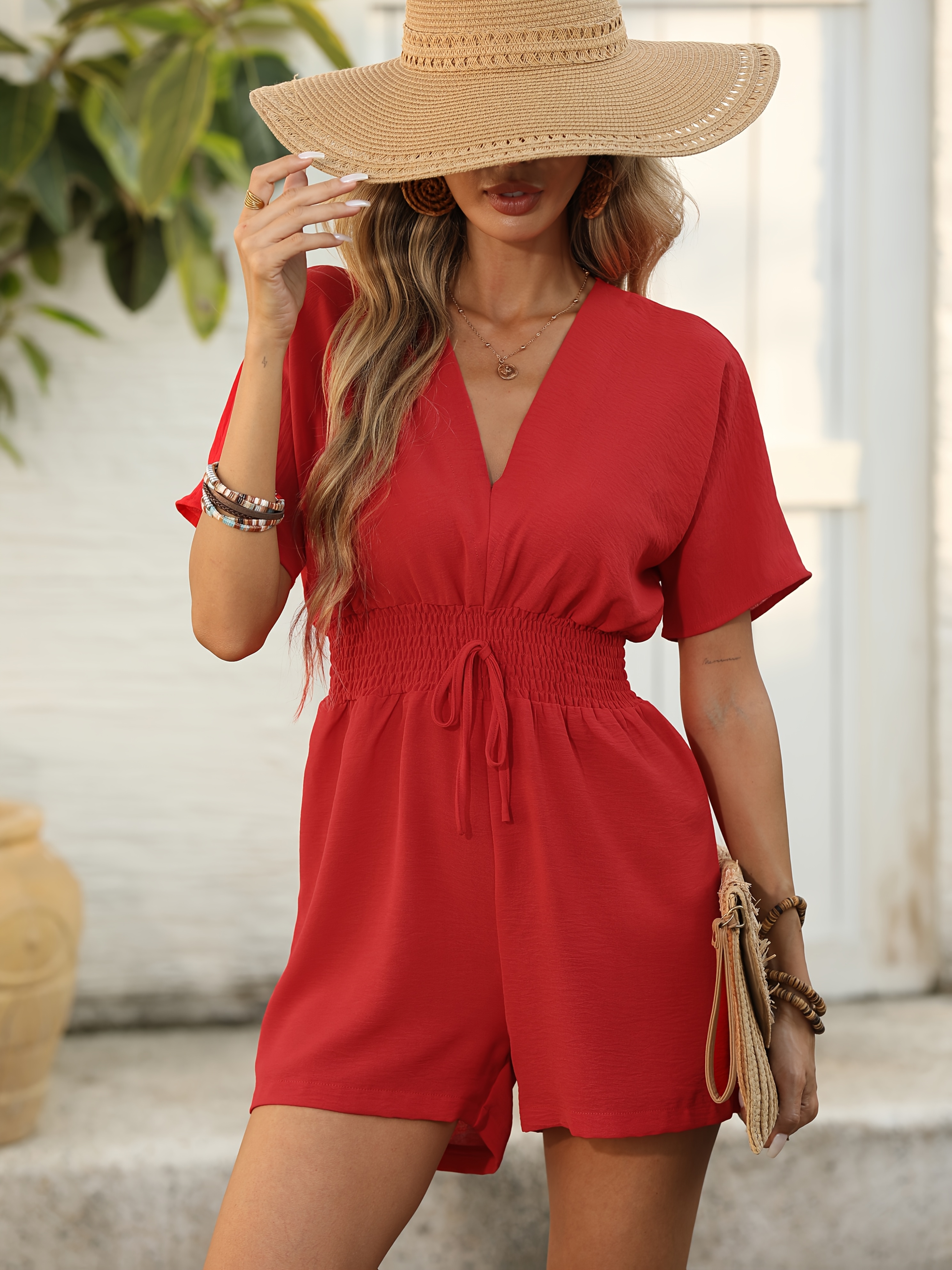 womens elegant v neck tie front jumpsuit breathable short Temu