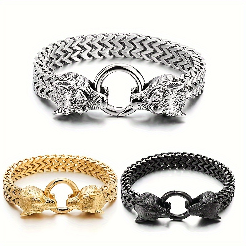 Pulsera Elegante de Acero Inoxidable con Cabeza de Lobo Vikingo - Versátil y Elegante, No Magnética, Colgante de Aleación de Zinc para Hombres, Joyería de Lobo