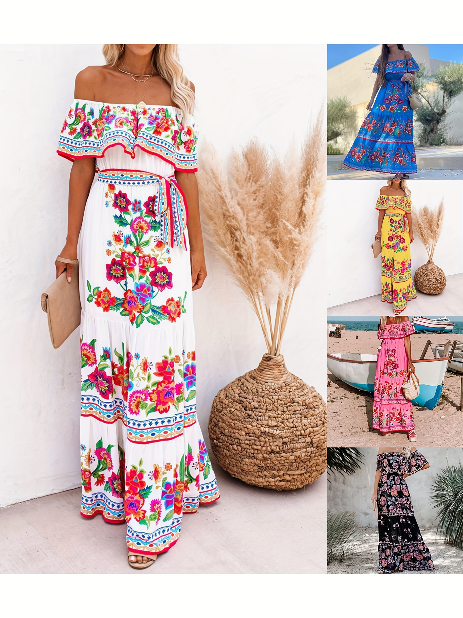 blue boat floral dress print beach TEELYNN sexy backless maxi dress Summer 2020 cotton blue Floral Print