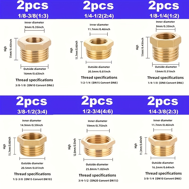 Image of 12pcs Hex Bushing Kit Fittings Assortment 1/4" To 1/8", 3/8" To 1/8", 3/8" To 1/4", 1/2" To 1/4", 1/2" To 3/8" 1/2" To 3/4" Reducer Pipe Fittings Adapter Fitting