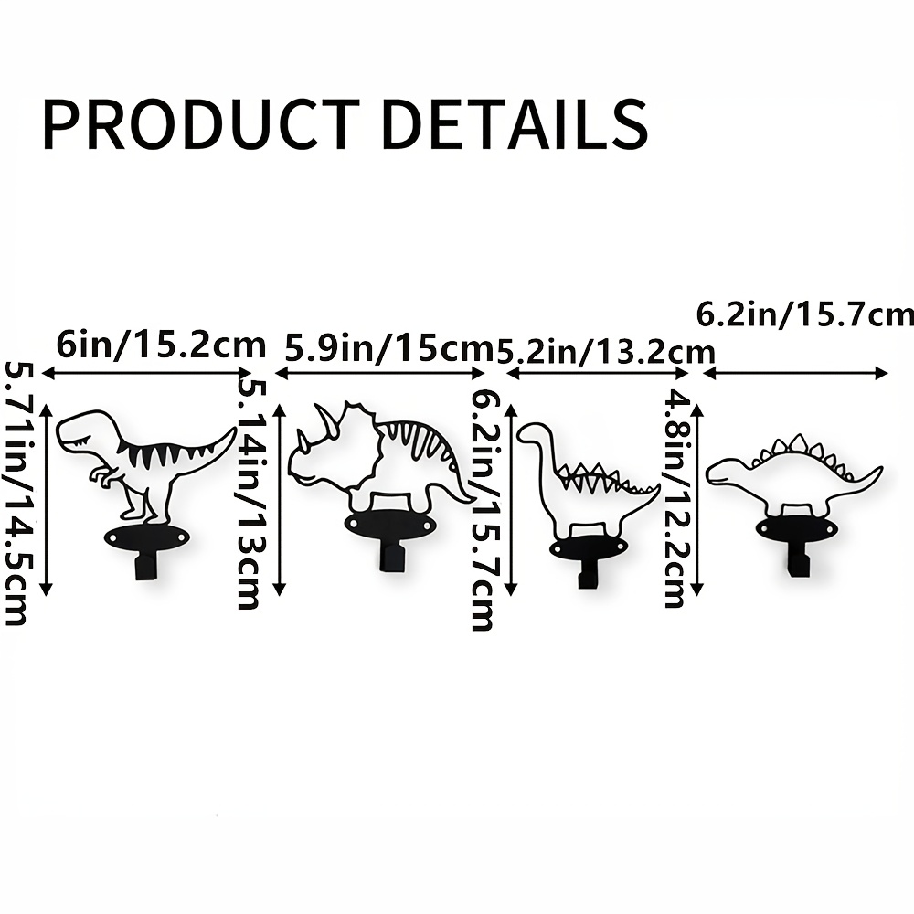 Image of 4pcs, Cartoon Dinosaur Silhouette Shape Coat Hooks Wall Mounted Matte Black Metal Wall Hanger Hooks For Coat Hat Garments Leashes Modern Dinosaur Room Decor For