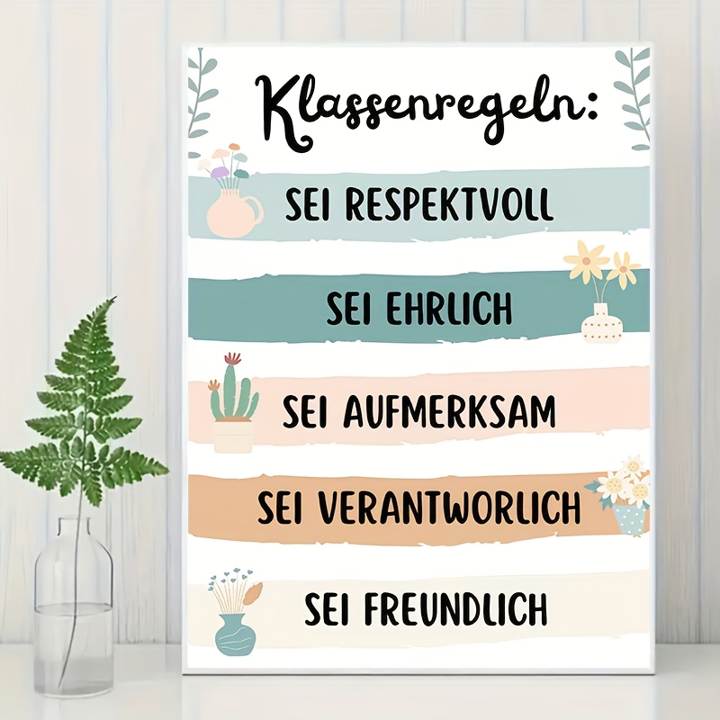 E-shop 2D Flach, 2D Flach, Minimalistisches deutsches Klassenzimmer-Regeln-Poster im 2D-Flachdesign - Leinwanddruck ohne Rahmen mit blaugrünlichen,