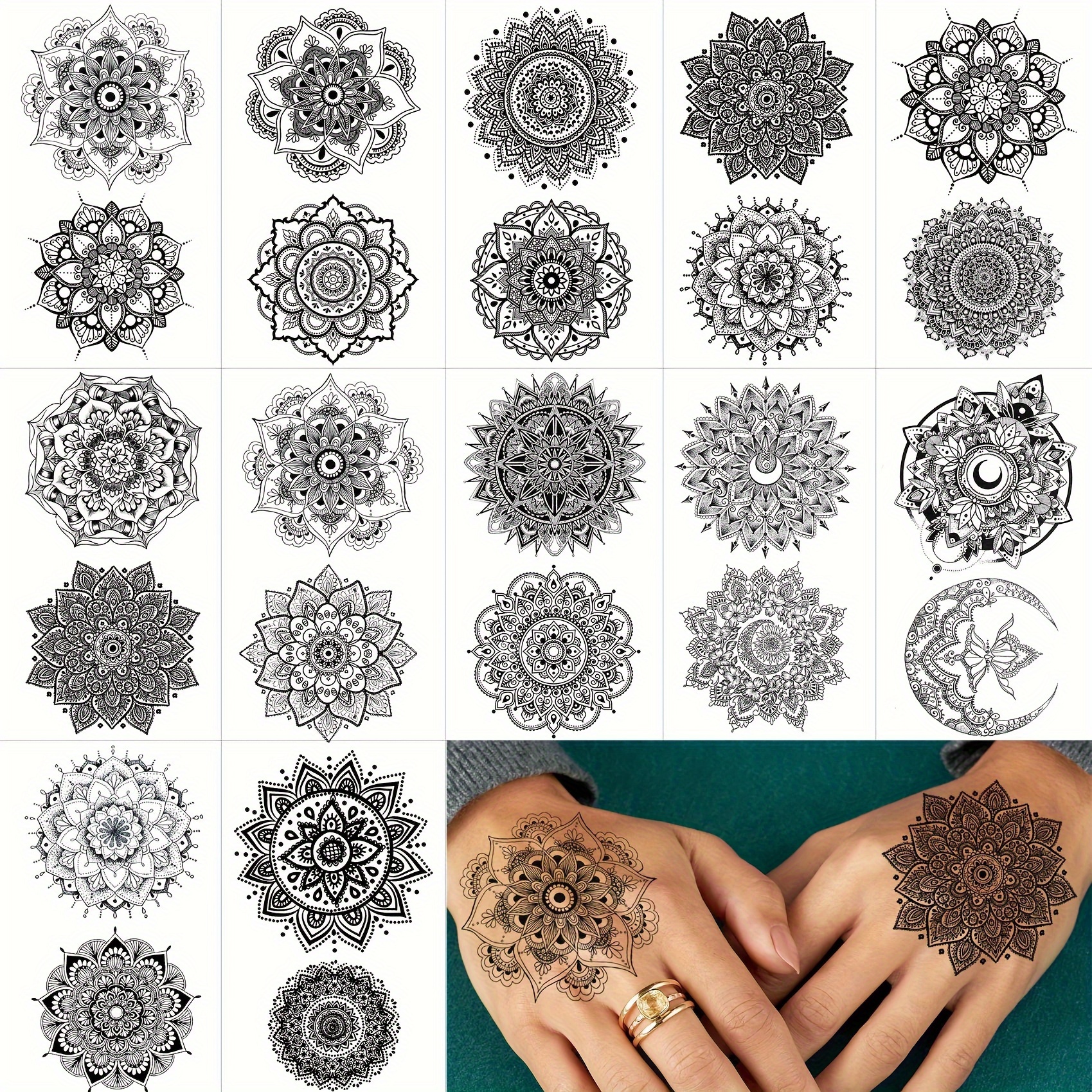 

12-piece Vintage Tribal Mandala Flower Temporary Tattoos - Waterproof & Long-lasting Fake Tattoo Stickers For Women, Girls, And Adults - Perfect For Arms, Hands, Neck, And More