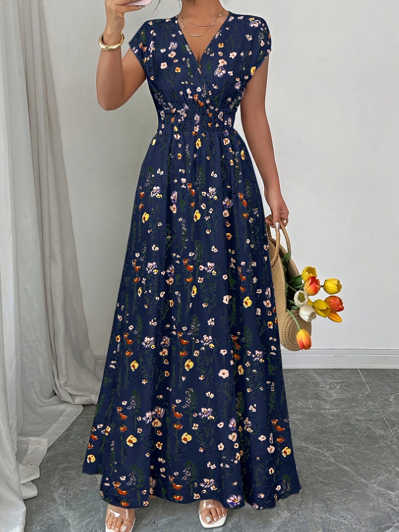 Fashionable *-Length Floral Print Ruched Dress for Women 628