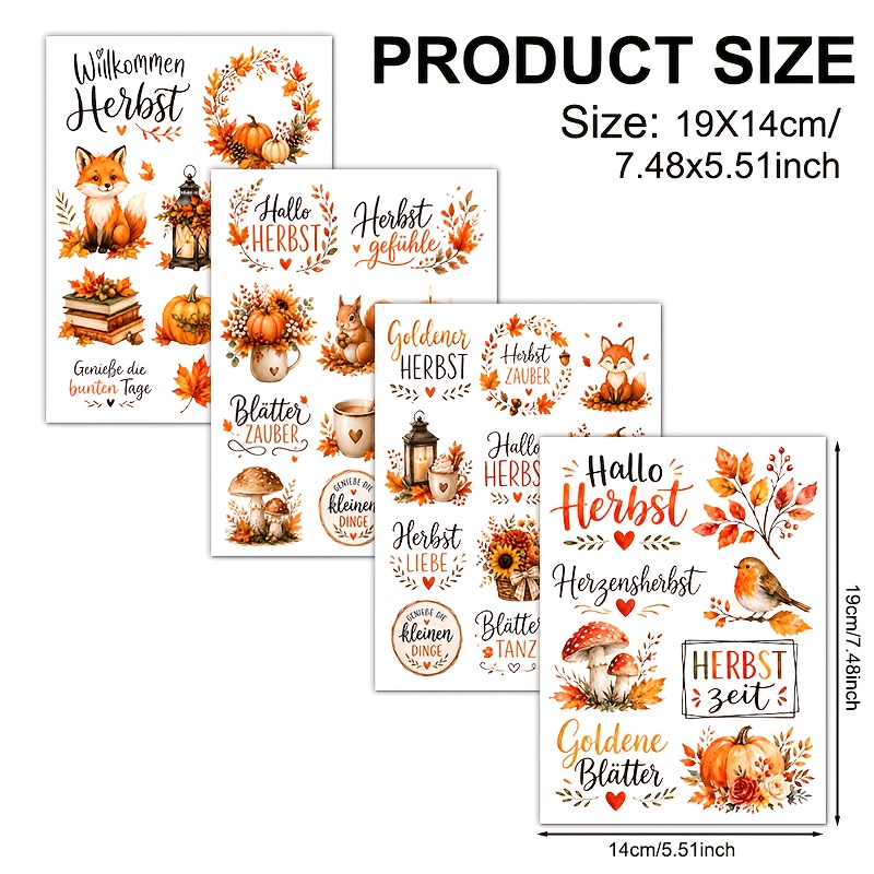 TEMU 4er-Set, Morandi Warmes Orange Aquarell Herbst Deutsches Muster, UV DTF Wasserdicht Kratzfestes Vinyl Material, Geeignet für Bastelarbeiten,