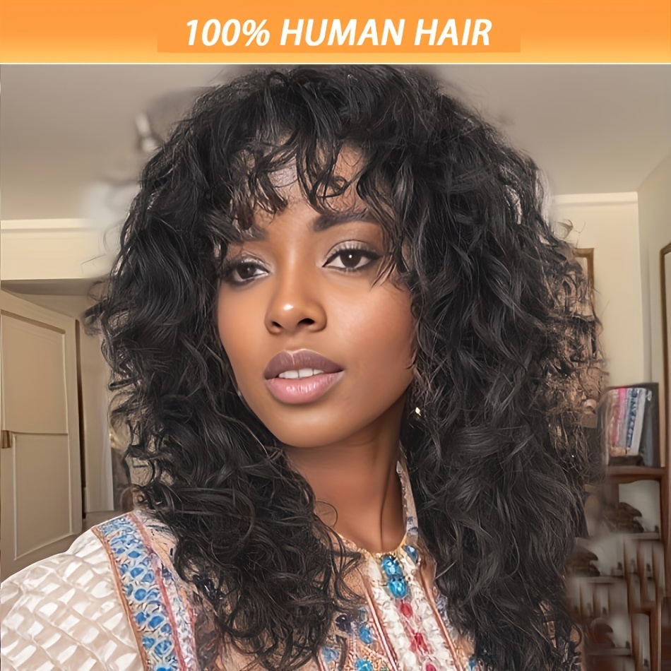 

Luxurious Deep Wave Human Hair Wig With Bangs For Women - 200% Density, Glueless Brazilian Hair, Full Machine Made With Rose Net Cap