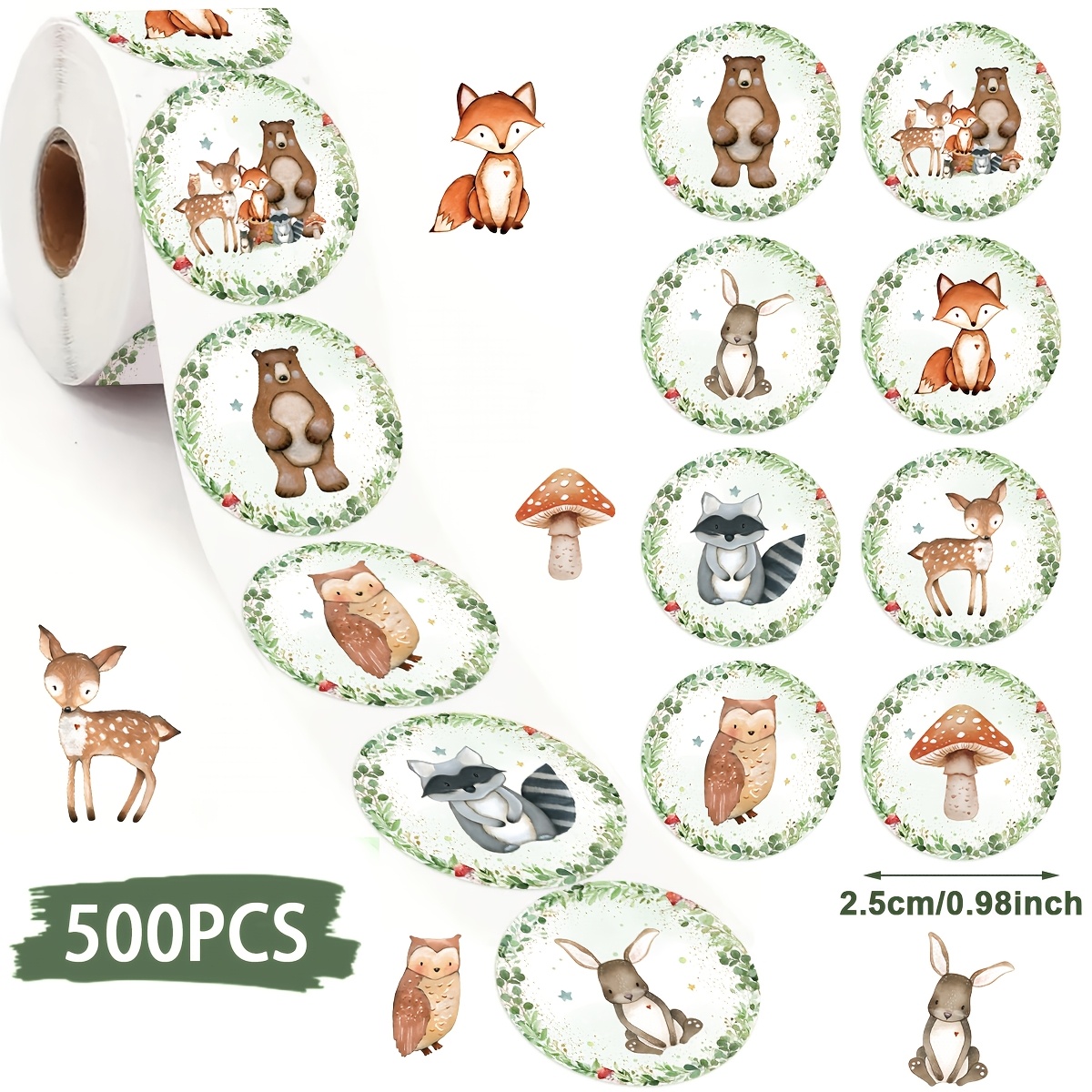 Image of 500pcs Per Roll, Stickers Featuring Jungle Animals Like Deer, Foxes, And , Decorative Labels For -themed Gifts, Baby Shower Supplies, Presents, Birthday , And Event Packaging Stickers