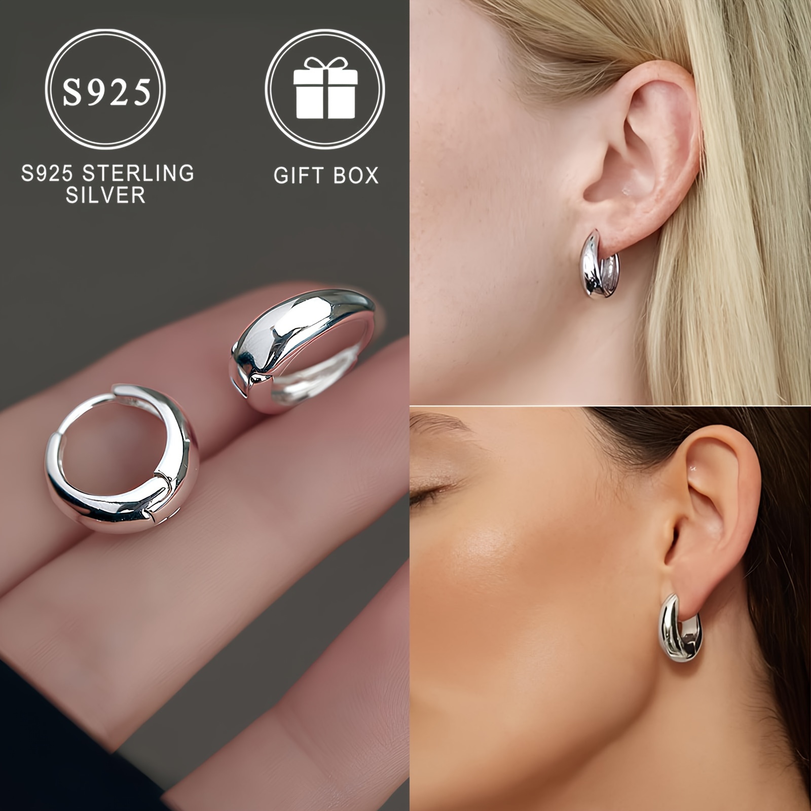 

Elegant 925 Sterling Silver Hoop Earrings, Hypoallergenic Plated, Fashion Minimalist Design, High-quality Polished Finish, Daily Party Wear, Gift Box Included
