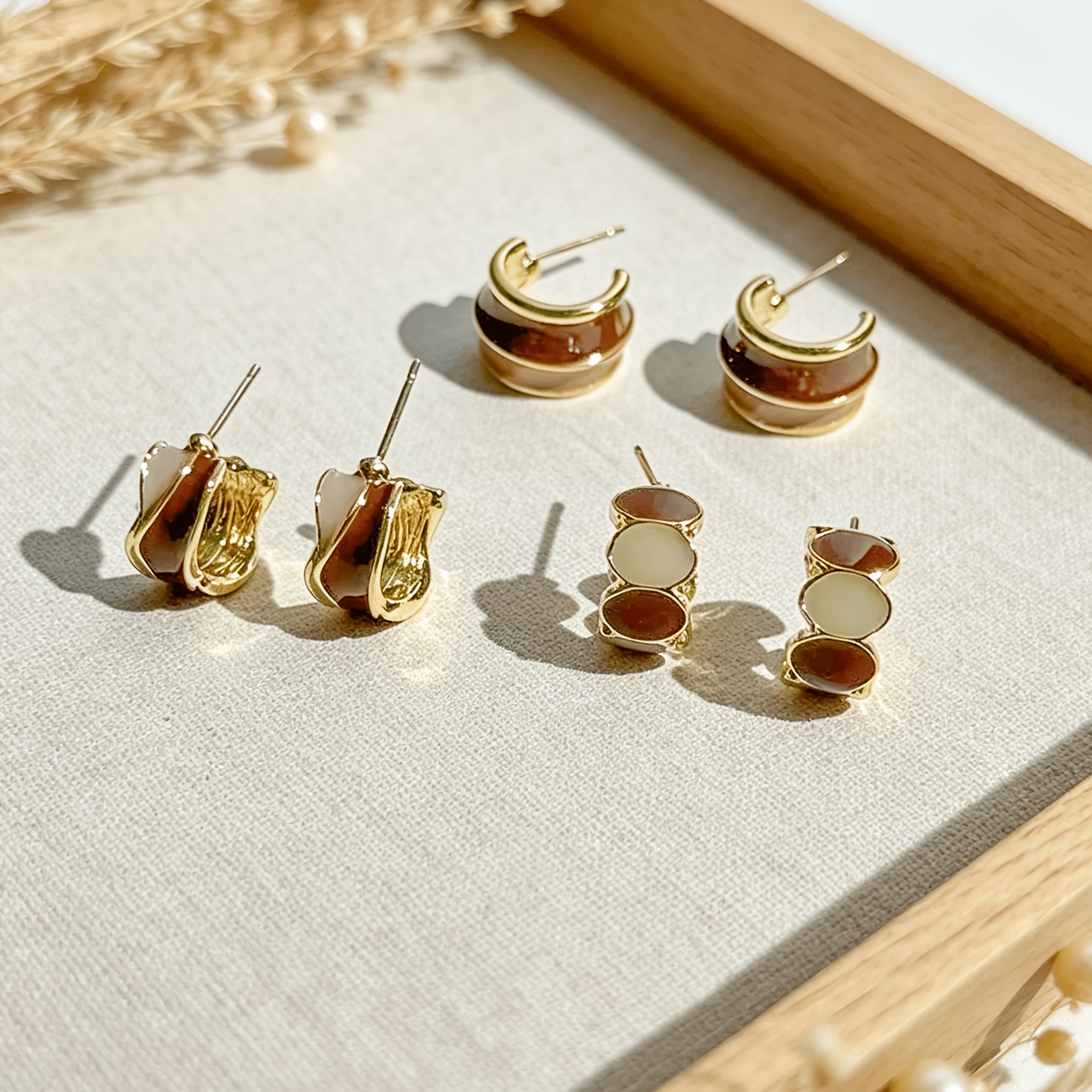 3 Pairs Coffee-Colored Geometric Dripping C-Shaped Earrings