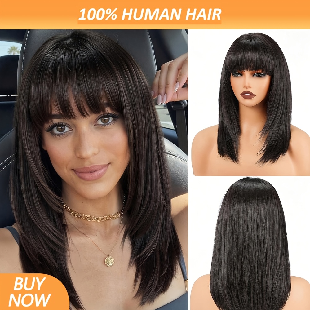 natural black straight bob wig bangs straight layered 150  display picture 1
