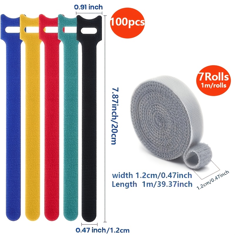 Multi-Coloured Reusable Hook and Loop Cable Ties, 100pcs