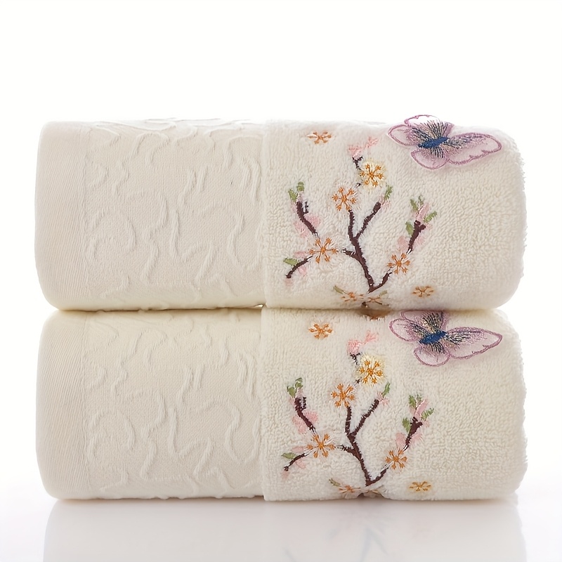 Image of 2pcs Premium Cotton Embroidered Face Towels - Elegant And Floral Designs, And Absorbent, Perfect For Couples, Holiday Gifts, And Home Use, Size 13.7inch X 29.5inch, Face Towels For Bathroom