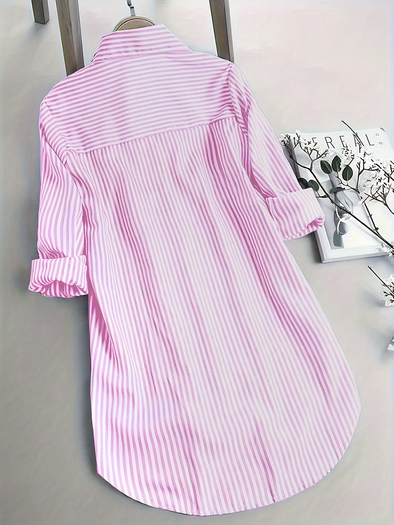 womens casual striped long sleeve button up shirt polyester machine washable non stretch fabric details 4