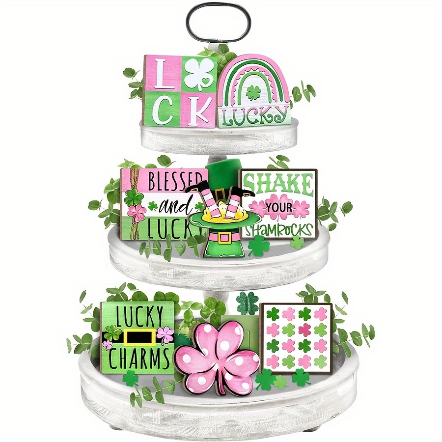 

Charm 8pcs 's Day Tiered - Farmhouse Decor With Polka Dot Shamrock, Clover & Wooden Signs For Rustic & Party