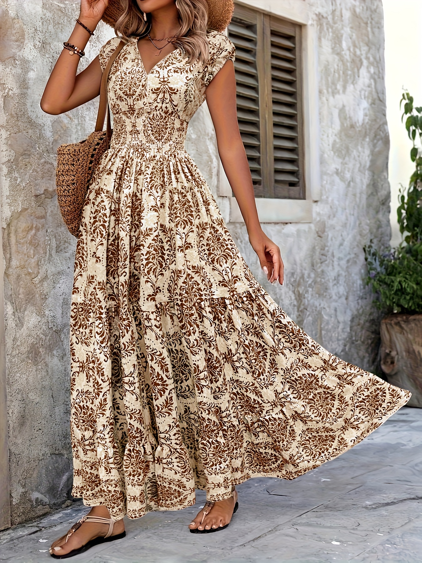summer beach maxi dress Boho Long Summer Sundress – Off-Shoulder Slit Skirt Floral Maxi Dress in White | Women's Boho Fashion | XS main image 1