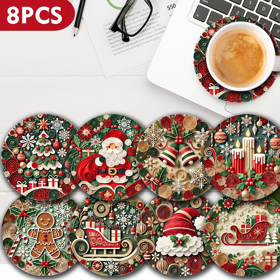 TEMU 8pcs Set Of Holiday Wooden Coasters - Heat-resistant Round Table Protectors, Suitable For Christmas And Festive Celebrations - For Cafes,