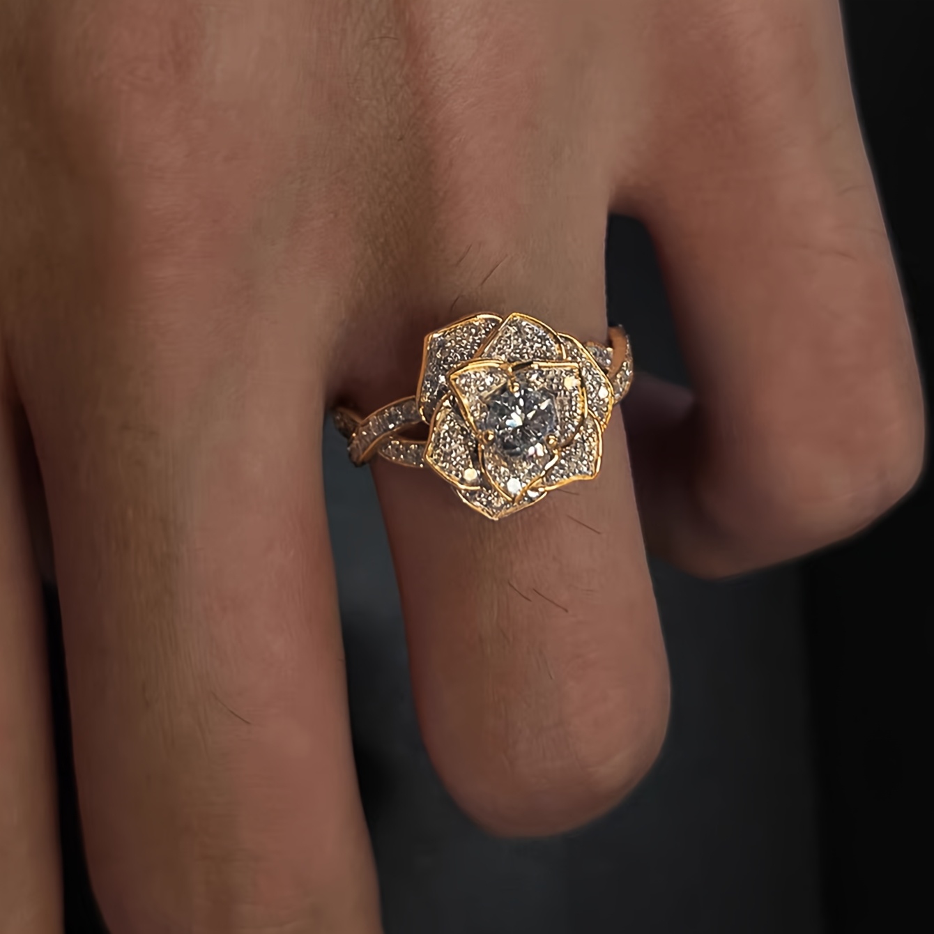 Three-Dimensional Rose Ring with Sparkling Zirconia, Gift for Her