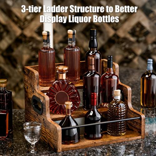 solid wood liquor bottle display shelf coffee syrup rack organizer 3 step countertop liquor wine rack bar liquor cabinet home bar shelf stand for liquor whiskey spirits spice rack