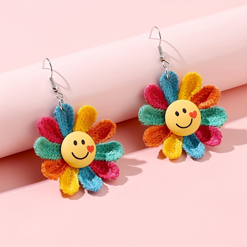 

Summer Rainbow Color Handmade Braided Smile Face Sun Flower Earrings, Cute Personality Women's Earrings